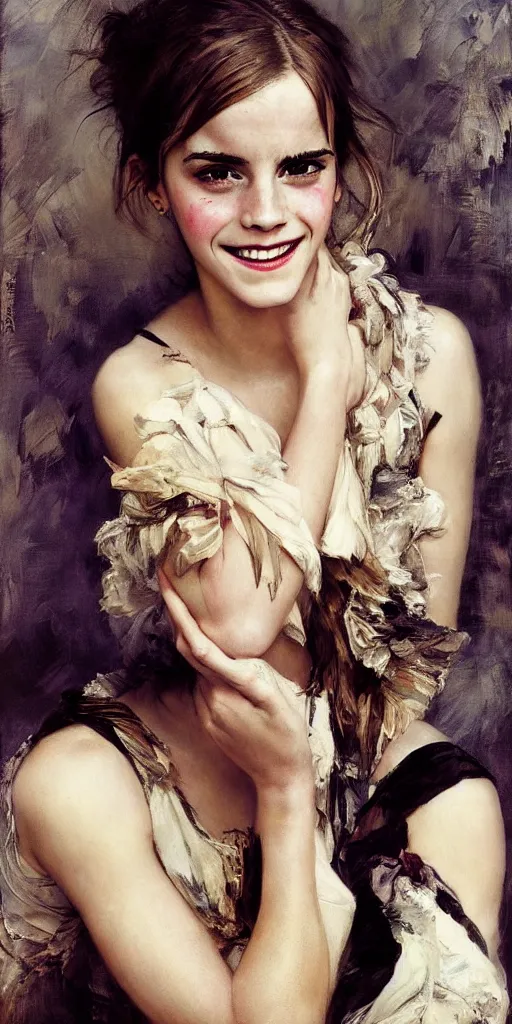 Image similar to emma watson smiling angry laughing crying sad weeping detailed portrait painting by gaston bussiere craig mullins j. c. leyendecker photograph by richard avedon peter lindbergh annie leibovitz