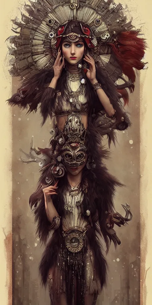 Image similar to hyper realistic Princess Mononoke, ornate mask, wet market street, cyberpunk metropolis, city landscape, jewels, full body pose, wolves, style of tom bagshaw, mucha, james gurney, norman rockwell, denoised, sharp