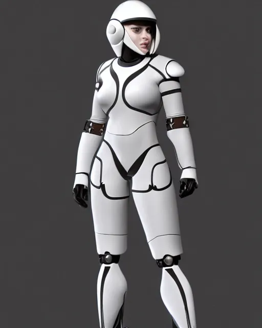 Image similar to concept art of a thicc female futurstic warrior, wearing a futuristic white helmet, futurstic smooth slim fitted armor, sleek design, aerodynamic design, holding a large futurstic robotic bow | | epic - fine - clean, polished, trending on artstation, brush strokes