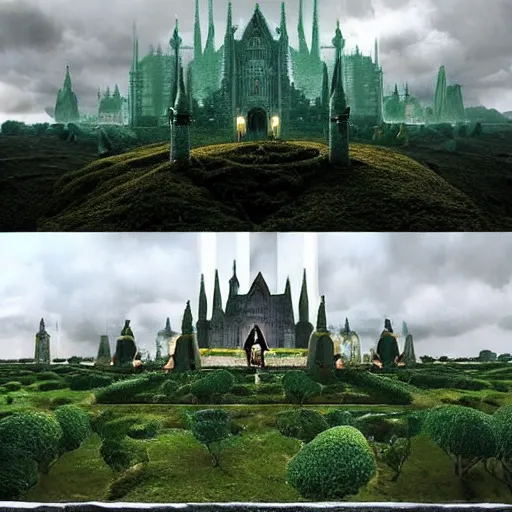 Prompt: thousands of green monks and a beautiful, vast, photo - realistic, surreal, and mysterious sci - fi castle outside under the sky. trending on gothic art.