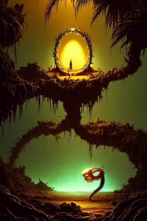 Image similar to dead god bioluminescent creature in a desert lush vegetation, warm tones, night, water reflection : : by michal karcz, daniel merriam, victo ngai and guillermo del toro : : ornate, dynamic, particulate, intricate, elegant, highly detailed, centered, artstation, smooth, sharp focus, octane render, 3 d