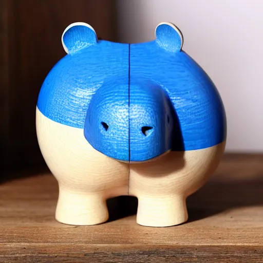 Prompt: a beautiful minimalist curvy shaped small sculpture of hippopotamus hippo baby, wood and blue epoxy, cubic blocks mix stripes cuts, detailed, fine, gorgeous