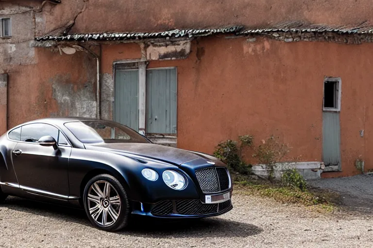 Image similar to modern rusty matte tired Bentley Continental GT without gloss no reflections drives along the road of an old Russian village with houses at the edges