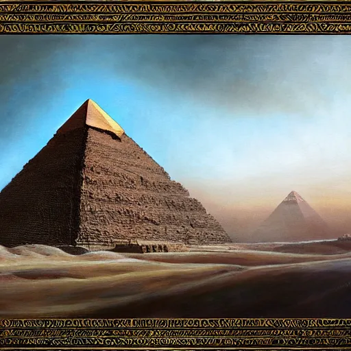 Image similar to oil on canvas of egyptian god beautiful majestic. realistic. beautiful. mysterious. intricately detailed. meticulously rendered.. pyramid. epic. 8 k hd. trending on art station. h 7 6 8