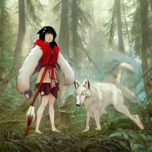 Prompt: Princess Mononoke as a real person ((asian woman with red facepaint)) determined expression, standing next to a giant white wolf, in a forest, by Artgerm,Greg Rutkowski,Alphonse Mucha, 4k resolution, highly detailed