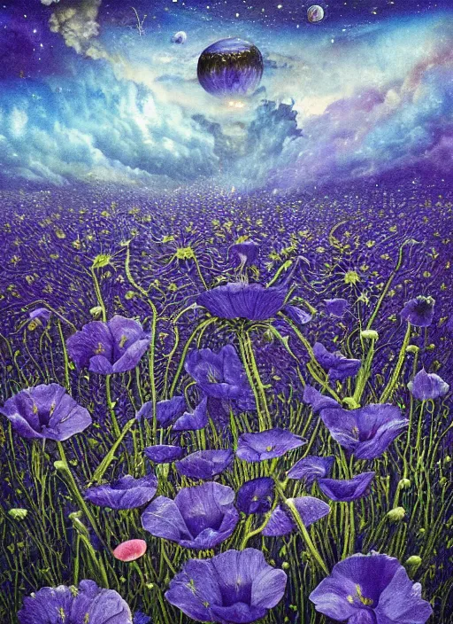 Image similar to detailed, intricate blue black and purple papaverum flower on the field, nebula, galaxy in the sky, winning award masterpiece, fantastically beautiful, illustration, aestheticly inspired, jacek yerka, upscale with anguissola sofonisba work, artstation, 8 k