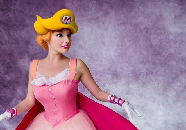 Prompt: a professional fashion model photo of Princess Peach from super mario.