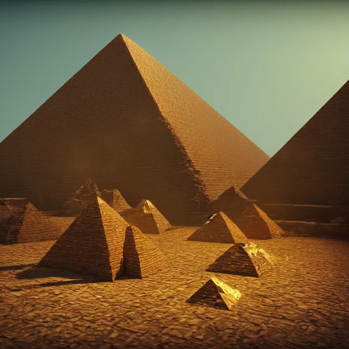 Image similar to a bunch of golden pyramids were thrown on the ground and are laying on dark surface, octane render, bloom effect, unreal engine, sharp focus