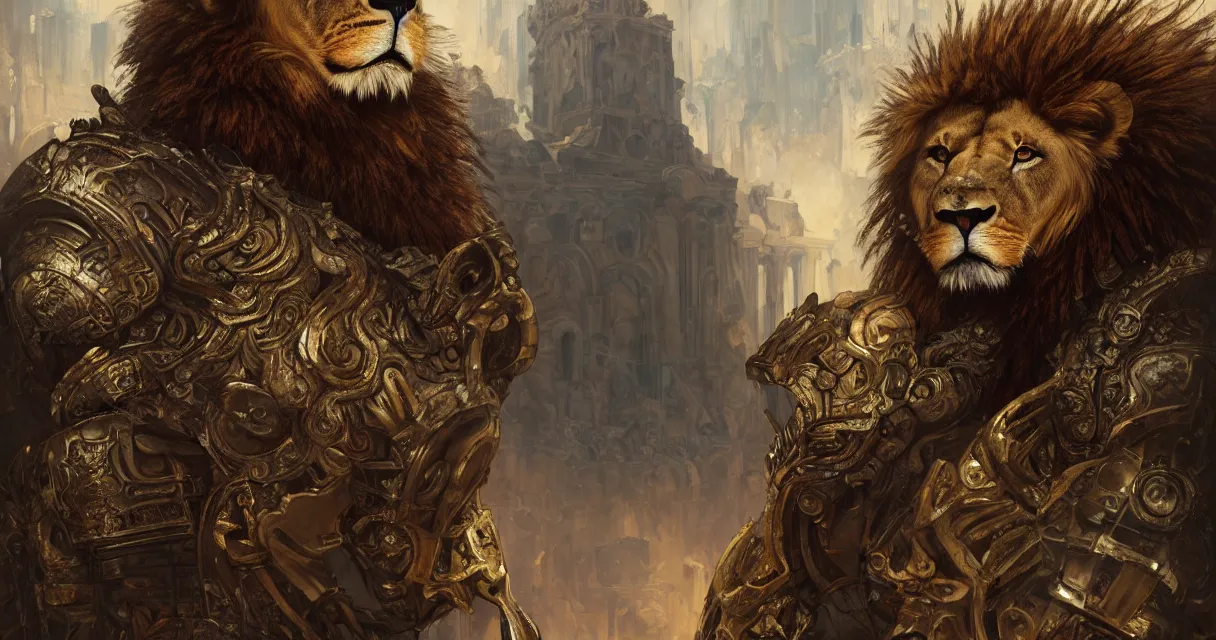 Image similar to portrait muscular anthro furry lion, golden reflected armor, in ruined agora of athens, ssci - fi and fantasy, intricate and very very beautiful and masculine, highly detailed, digital painting, artstation, concept art, frostbite engine, smooth and sharp focus, illustration, art by tian zi and wlop and alphonse mucha