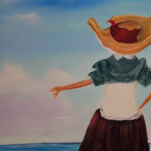 Prompt: dancing milk maid wearing a pirate hat shore seascape in the style of Annie Swinnerton