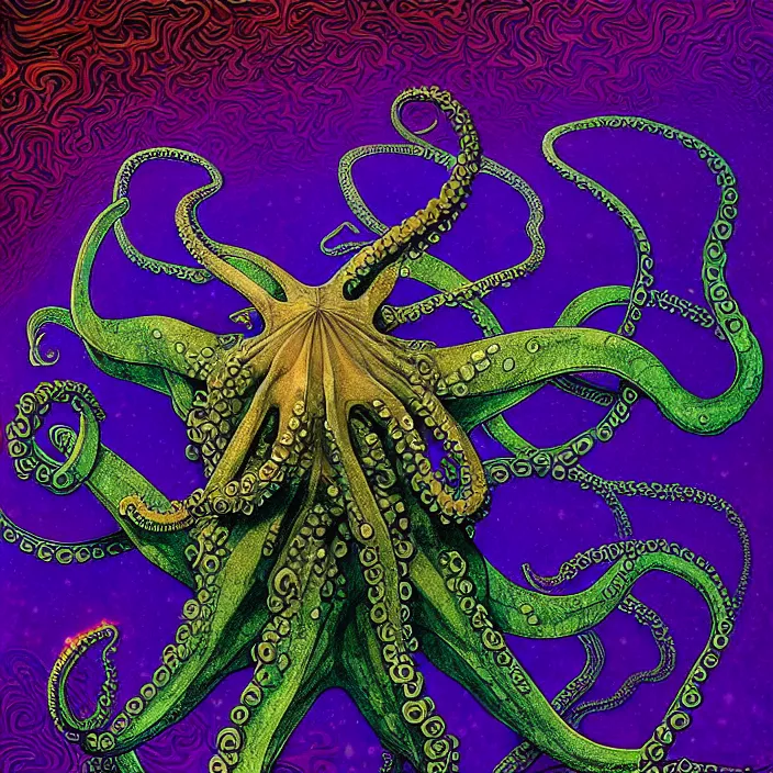 Image similar to depicting an octopus wrapping its tentacles around an ocean liner, in the style of h. p. lovecraft, exuberant organic elegant forms, by karol bak and filip hodas : : 1. 4 purple, red, blue, green, black intricate mandala explosions : : intuit art : : turbulent water backdrop : : damask wallpaper : : atmospheric