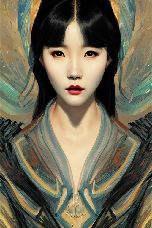 Prompt: IU Lee Ji-eun as a super villain, sexy, fantasy, intricate, elegant, highly detailed, digital painting, artstation, concept art, matte, sharp focus, illustration, art by WLOP and Vincent van Gogh and James Jean, masterpiece, Refined, upscaled