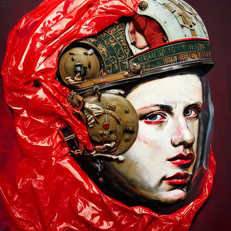 Image similar to portrait of a third reich soldier in ornate motorcycle dirt helmet in a helmet background red plastic bag, circuitboard,, rich deep colors, ultra detail, by francis bacon, james ginn, petra courtright, jenny saville, gerhard richter, zdzisaw beksinsk, takato yamamoto. masterpiece, elegant fashion studio ighting 3 5 mm