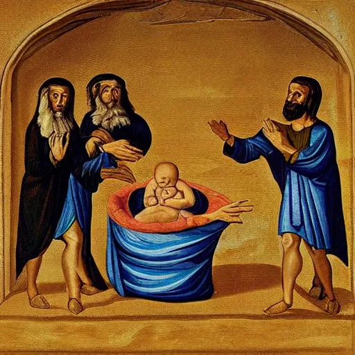 Prompt: biblical painting of birth of minions