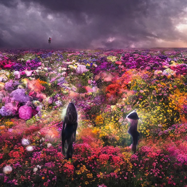 Image similar to a planet of various flowers, fungus and plants, in which the singular human figure is dressed in something magical and impressive, inside the picture is infinity, sunset light, Atmospheric phenomenon, artistic photography, muted colors, conceptual, long exposure outside the city, volumetric light