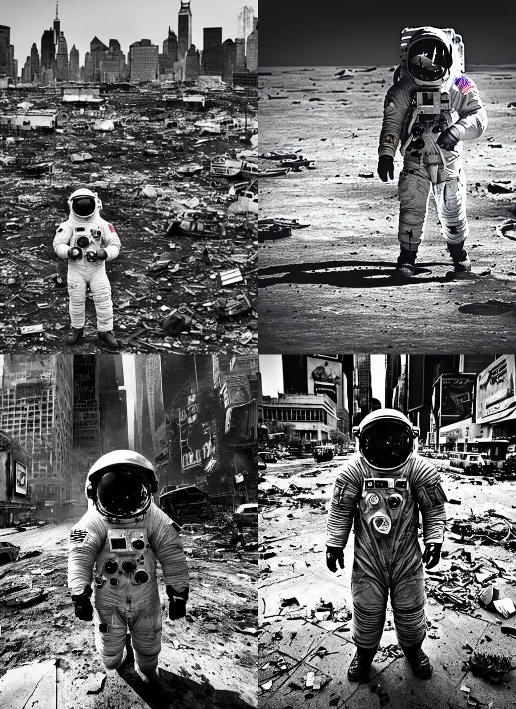 Prompt: grayscale!!! american white spacesuit astronaut with oversized helmet in postapocalyptic abandoned destroyed times square, wrecked buildings, destroyed flipped wrecked cars, giant crater in distance, heavy vignette!, specks, dirty, stains, dramatic dark, grayscale 1 9 0 0 s picture