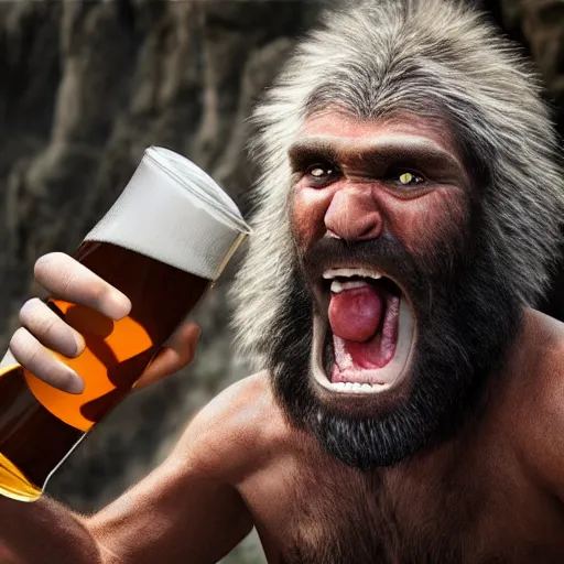 Image similar to photo of ancient caveman surprised to discover beer for the first time, high detail, ultra realistic, 4k UHD, pristine