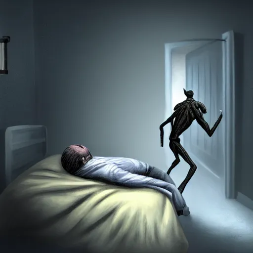 Image similar to A gangly humanoid monster running towards a person sleeping in a bed, trending on Artstation, Digital Painting, Photo Realistic, Dynamic Lighting, Gloomy, Insanely Detailed, Award Winning