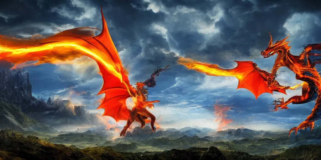 Image similar to a powerful flying fire Dragon spitting fire fighting against a strong Wizard which spells lightning strikes in the foreground, big Mountains and wide forrests are in the Background, stormy weather at night ,cinematic Style, hyperrealistic