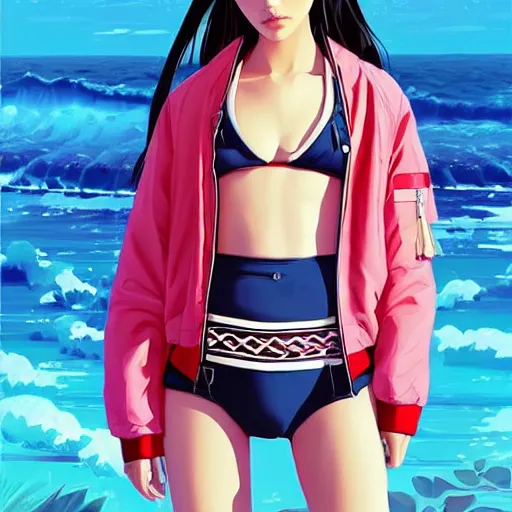 Image similar to a beautiful young japanese natalie portman alluring gravure model, stylized concept art, wearing elegant designer bomber jacket and one piece bikini, bomber jacket with mesoamerican patterns, mesoamerican native street fashion, princess mononoke, painted by ilya kuvshinov aesthetic, gorgeous, stunning, alluring, attractive, artstation, pinterest, digital art