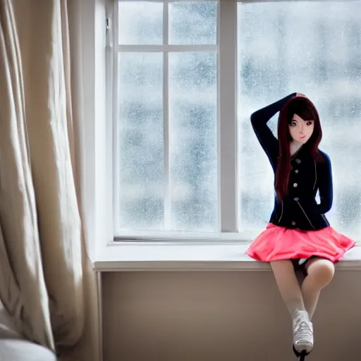 Prompt: anime girl with figure skater body sits on the windowsill by the window and looks at the rain outside the window, she is dressed in a jacket, skirt and socks