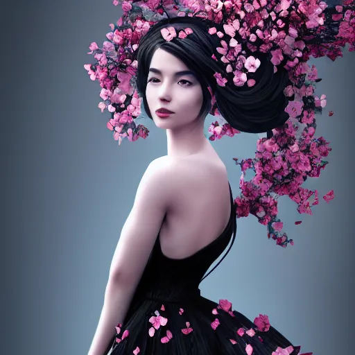 Image similar to beautiful girl in a dress made of black roses and cherry blossoms, beautiful portrait, symmetrical, character concept style trending on artstation concept art detailed octane render cinematic photo - realistic 8 k high detailed