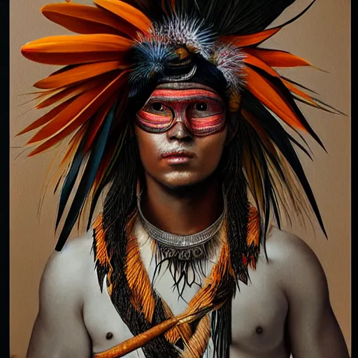 Image similar to a male tupi guarani warrior portrait with bird of paradise flower covering his eye, art by marco mazzoni, dark background, asymmetrical