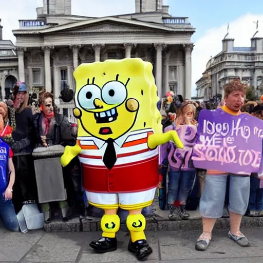 Prompt: spongebob squarepants protests against the british government at trafalgar square