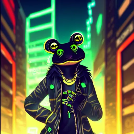 Image similar to beautiful furry digital art portrait commission of an androgynous furry anthro frog fursona wearing punk clothes in the streets of a cyberpunk city. neon signs. character design by charlie bowater, ross tran, artgerm, and makoto shinkai