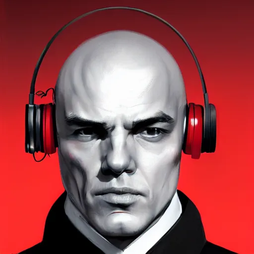 Prompt: a portrait pf agent 4 7 from hitman wearing headphones, red background, rim light, highly detailed, digital art, artstation, concept art, smooth, sharp focus, greg rutkowski, wlop