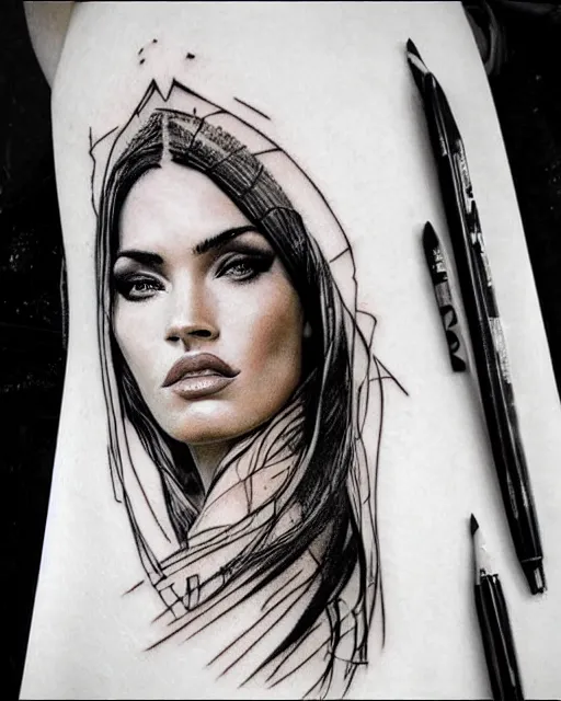 Image similar to double exposure effect tattoo design sketch of megan fox with amazing mountain scenery, realism tattoo, in the style of den yakovlev, amazing detail, sharp