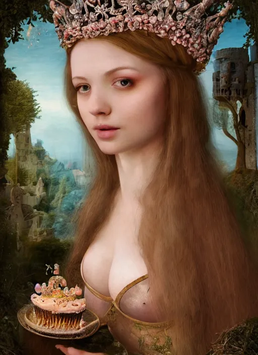 Image similar to closeup medieval bosch face portrait of a fairytale princess wearing a crown eating cakes in the castle, bikini, depth of field, zeiss lens, detailed and intricate environment, fashion photoshoot by nicoletta ceccoli, mark ryden, lostfish, breathtaking, 8 k resolution, extremely detailed, beautiful, establishing shot, artistic, hyperrealistic, octane render