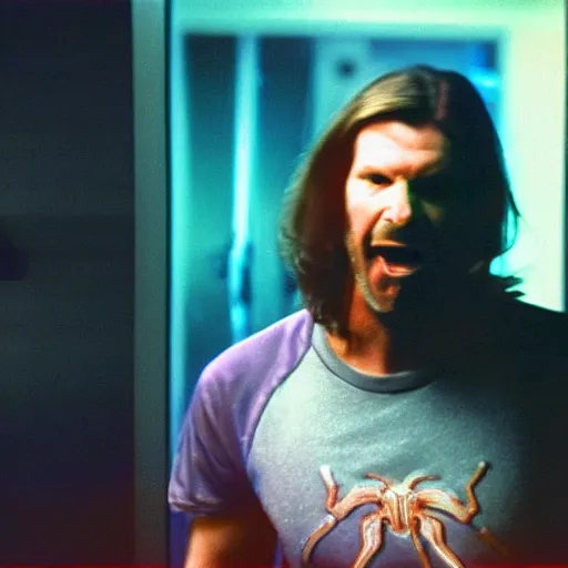 Image similar to a vhs still portrait of aphex twin breaking into the office from a gritty cyberpunk 2 0 0 0 s james cameron movie about spider - man. realism, cinematic lighting, 4 k. 8 mm. grainy. panavision.