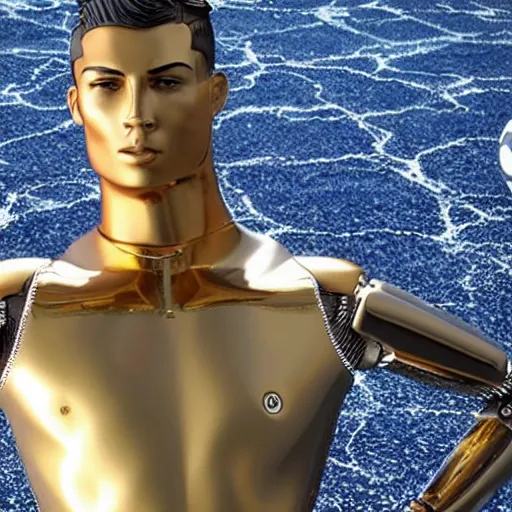 Image similar to a realistic detailed photo of a guy who is an attractive humanoid who is half robot and half humanoid, who is a male android, soccer player cristiano ronaldo, shiny skin, posing like a statue, blank stare, by the pool, on display, showing off his muscles, humanoid robot, gold soccer shorts