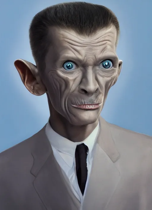 Image similar to a hyper realistic portrait of a male alien in a suit