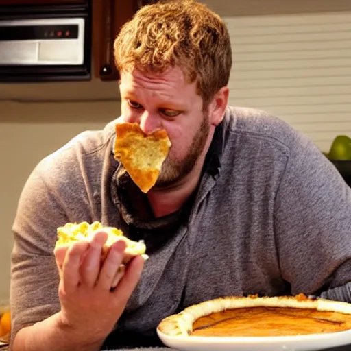 Prompt: ethan van sciver is sniffing a warm baked pie in his kitchen in the middle of the night h 7 0 4