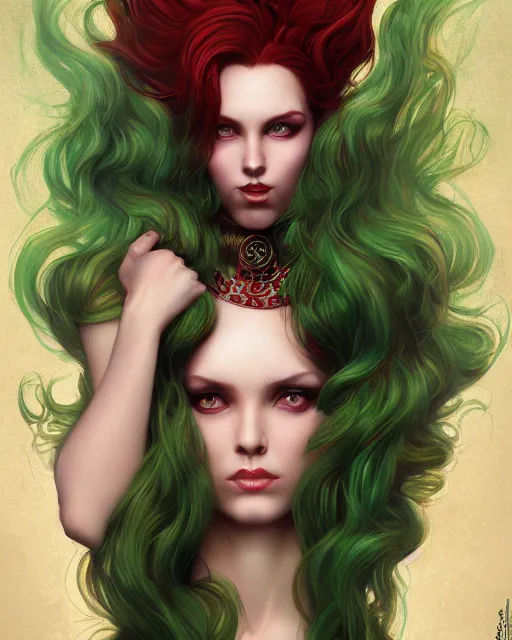 Prompt: A detailed painting of a full length portrait of a seductive woman sorceress with flowing red hair, and green eyes. By Anne Stokes and Steve Argyle and Daniela Uhlig and Tom Bagshaw. Trending on Artstation, digital character painting.