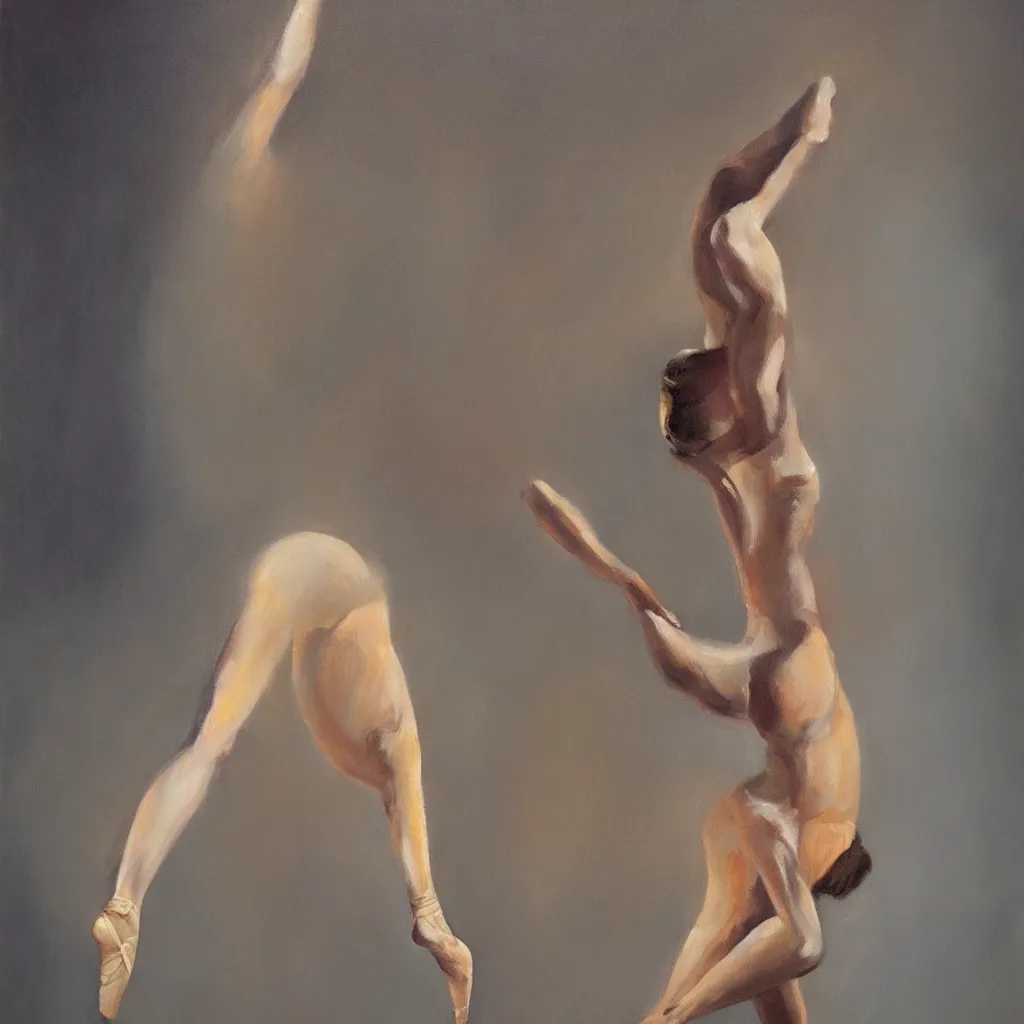 Image similar to a stunning oil painting of a singular ballerina in a spotlight, arabesque