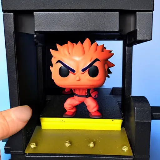 Prompt: akuma street fighter funko pop inside a hydraulic press being crushed