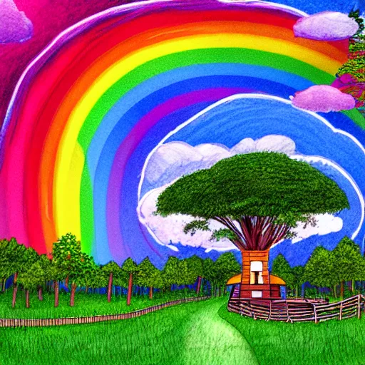 Image similar to : forest park with a tree house after it rained earlyin the morning rainbowin the sky, illustration art style