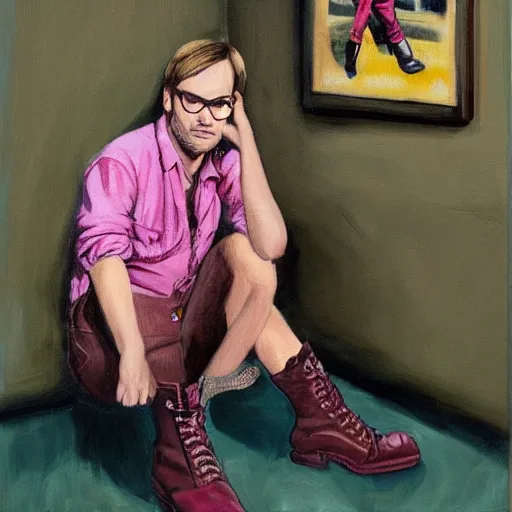 Image similar to jeffrey dahmer in pink overalls and brown boots, oil painting, gucci poster