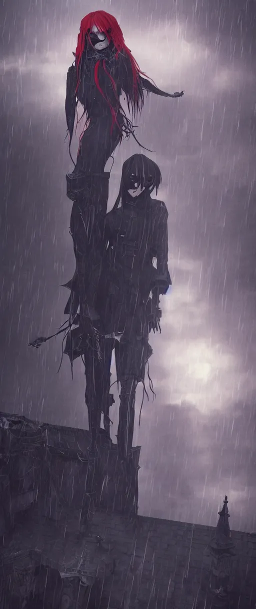 Image similar to goth Asuka Langley in a hood on the roof of a gothic house, Dishonored aesthetic, cinematic lighting, rainy weather, melancholy atmosphere, artstation, Dunwall city, gothic architecture, volumetric light, octane render, Dishonored game, Dishonored 1, depression and despair