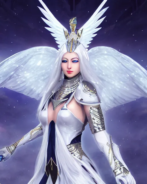 Image similar to perfect white haired egyptian goddess wearing white dove wings, warframe armor, regal, attractive, ornate, sultry, beautiful, ice queen, half asian, pretty face, blue eyes, detailed, scifi platform, 4 k, ultra realistic, epic lighting, android body, illuminated, cinematic, masterpiece, art by akihito tsukushi, voidstar