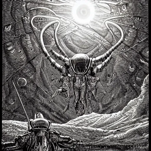 Image similar to seti alien announcement by dan mumford and gustave dore