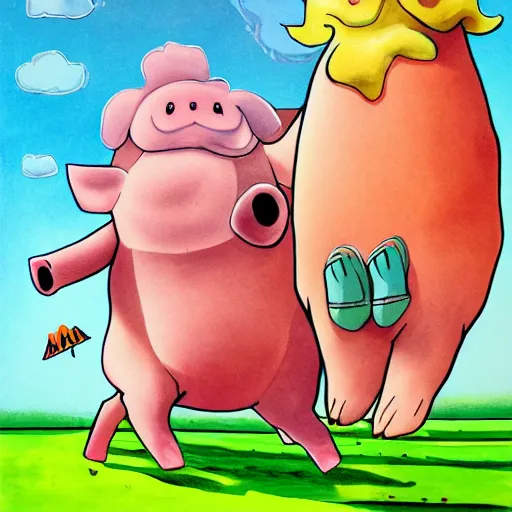 Prompt: attack of the pig giants, giant pigs, illustration, childrens book, fictional drawing, bright colors