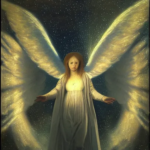 Image similar to renaissance hyper realistic painting of white angel!!! beautiful face, no gender!!!, miracle light coming overhead!!, a lot of stars overhead!!!, fire around the head!, by caspar david friedrich, misty space, sfumato, christianity, holography, glow effect, large strokes, soft shadow and light, highdetailed, white background