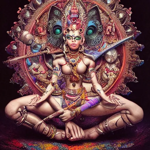 Image similar to kali goddess gadgetpunk warrior meditating in a beautiful place, perfect faces, fine details, studio lighting, subtle shadows, art by katsuya terada, photorealism, hyper realism, octane render