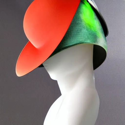 Image similar to [high tech cowboy hat in futuristic colours and fabrics, object design, couture]