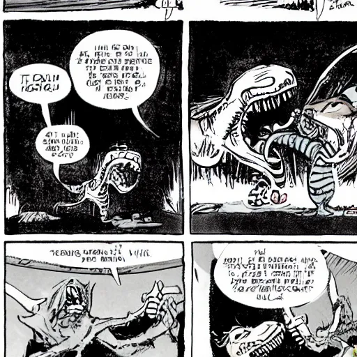 Prompt: calvin and hobbes fight a xenomorph, sunday morning comic strip