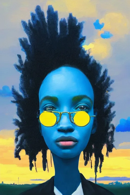 Prompt: portrait, giant blue and yellow flower as a head, black woman in suit, surreal photography, golden hour, colorful clouds, impressionist painting, digital painting, artstation, simon stalenhag